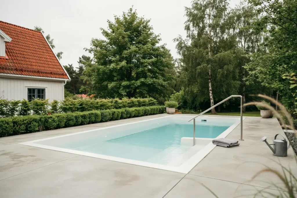 installation av glasfiberpool med integrerad trappa i solberga lvsj